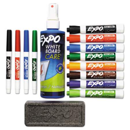 EXPO Low-Odor Dry Erase Marker, Eraser and Cleaner Kit, Medium Assorted Tips, Assorted Colors, 12/Set (80054)