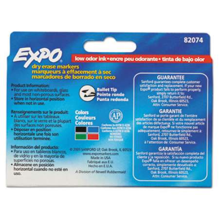 EXPO Low-Odor Dry-Erase Marker, Medium Bullet Tip, Assorted Colors, 4/Set (82074)