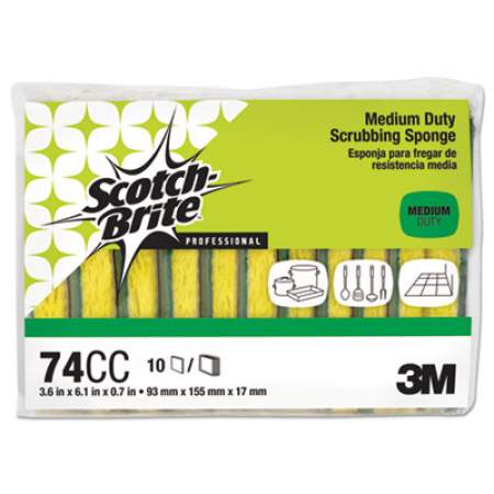 Scotch-Brite PROFESSIONAL Medium-Duty Scrubbing Sponge, 3.6 x 6.1, 0.7" Thick, Yellow/Green, 10/Pack (74CC)