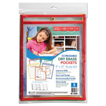 C-Line Reusable Dry Erase Pockets, 9 x 12, Assorted Primary Colors, 5/Pack (42630)