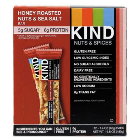 KIND Nuts and Spices Bar, Honey Roasted Nuts/Sea Salt, 1.4 oz Bar, 12/Box (19990)