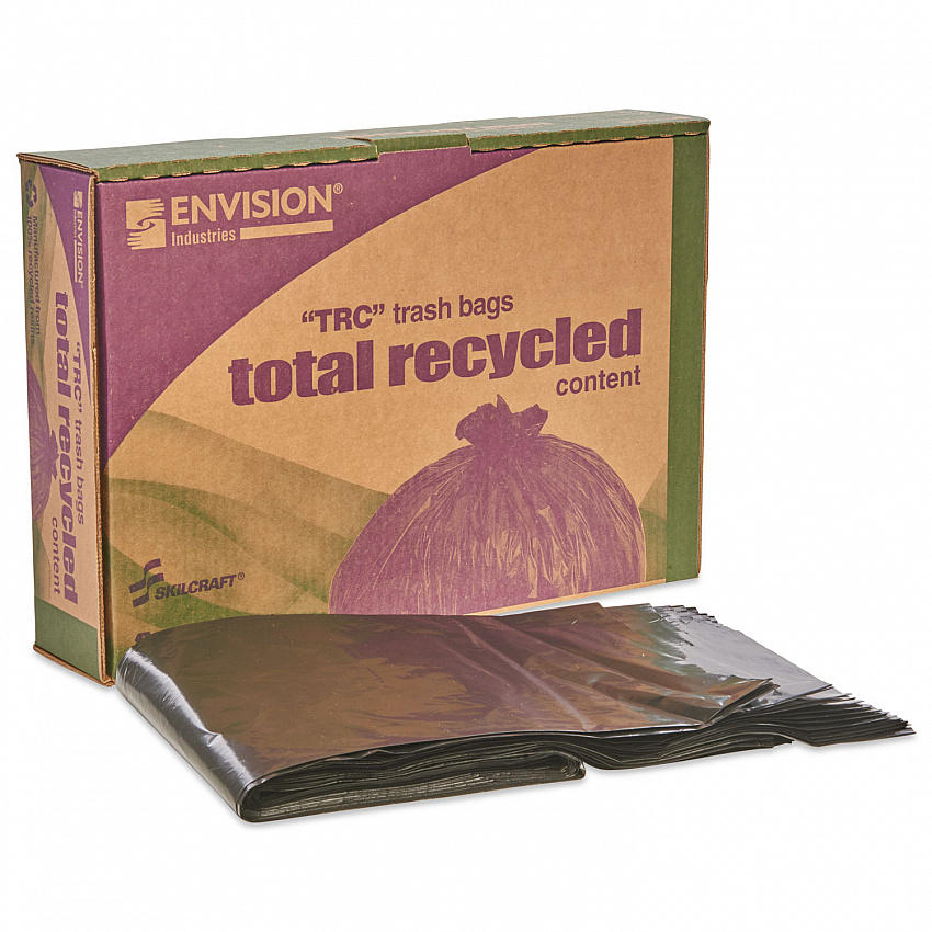 8105013862323, SKILCRAFT Recycled Content Trash Can Liners, 33 gal, 1.5 mil, 33" x 40", Black/Brown, 100/Box (3862323)