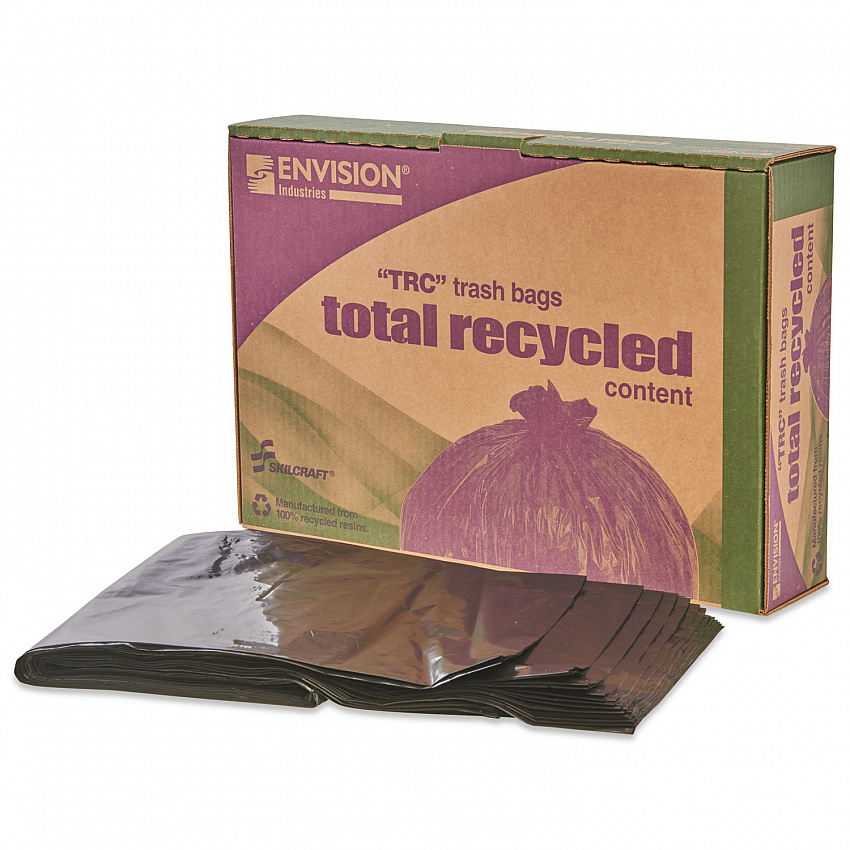 8105013862323, SKILCRAFT Recycled Content Trash Can Liners, 33 gal, 1.5 mil, 33" x 40", Black/Brown, 100/Box (3862323)