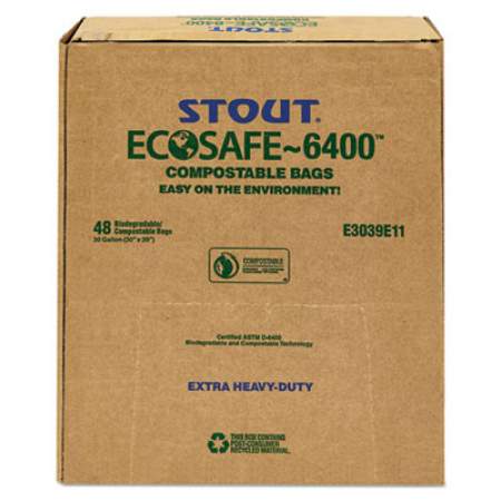 Stout by Envision EcoSafe-6400 Bags, 30 gal, 1.1 mil, 30" x 39", Green, 48/Box (E3039E11)