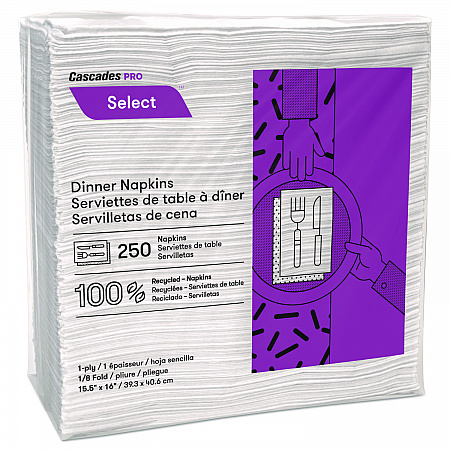 Select Dinner Napkins, 1-Ply, 16 x 15, White, 250/Pack, 12/Carton (N050)