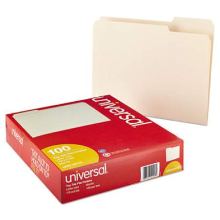 Universal Top Tab Manila File Folders, 1/3-Cut Tabs, Assorted Positions, Letter Size, 11 pt. Manila, 100/Box (12113)