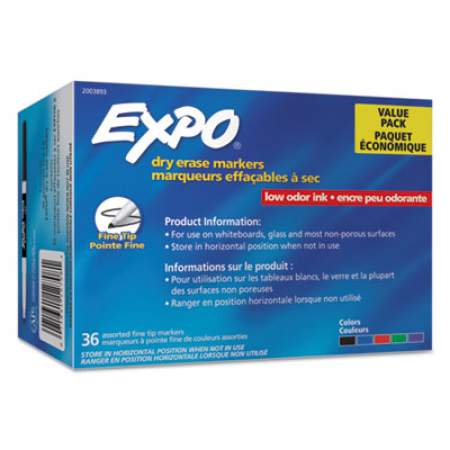 EXPO Low-Odor Dry Erase Marker Office Value Pack, Fine Bullet Tip, Assorted Colors, 36/Pack (2003893)