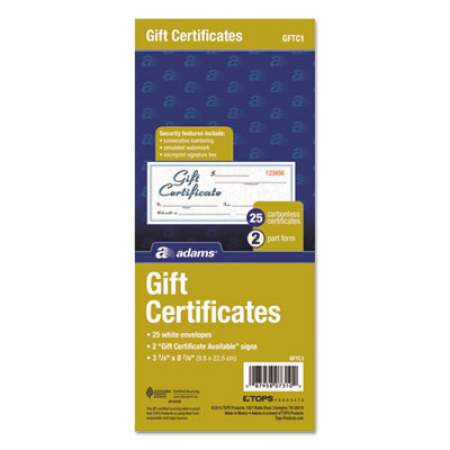Adams Gift Certificates with Envelopes, 8 x 3.4, White/Canary, 25/Book (GFTC1)