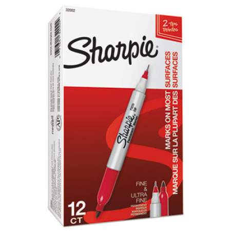 Sharpie Twin-Tip Permanent Marker, Extra-Fine/Fine Bullet Tips, Red, Dozen (32002)