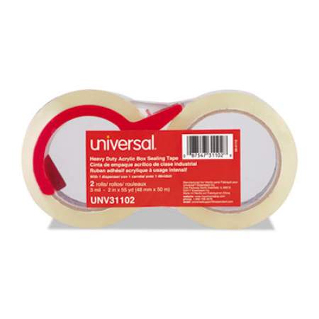 Universal Heavy-Duty Acrylic Box Sealing Tape with Dispenser, 3" Core, 1.88" x 54.6 yds, Clear, 2/Pack (31102)