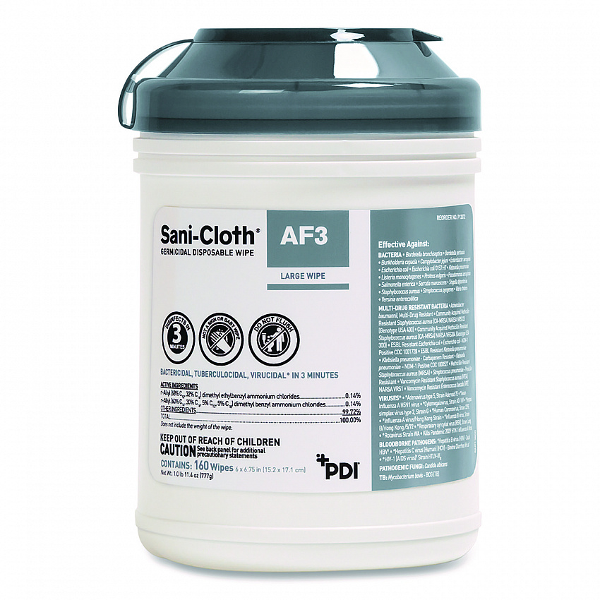 Sani-Cloth AF3 Germicidal Disposable Wipes, 6 x 6.75, White, 160 Wipes/Canister, 12 Canisters/Carton (P13872)