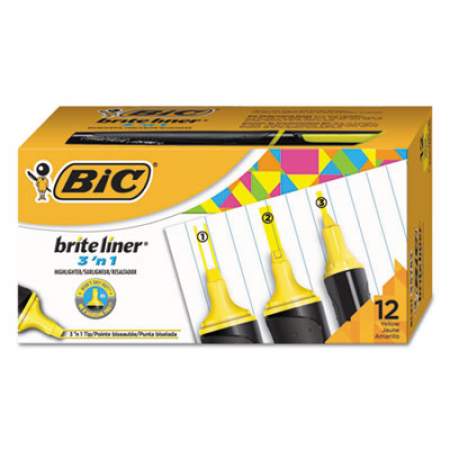 BIC Brite Liner 3 'n 1 Highlighters, Yellow Ink, 3 'n 1 Chisel Tip, Black/Yellow Barrel, Dozen (BL311YEL)