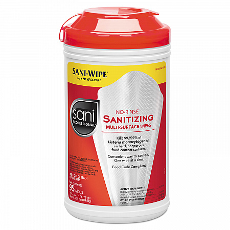 No-Rinse Sanitizing Multi-Surface Wipes, Unscented, White, 95/Container, 6/Carton (P56784)