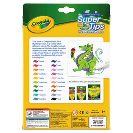 Crayola Washable Super Tips Markers, Fine/Broad Bullet Tips, Assorted Colors, 20/Set (588106)