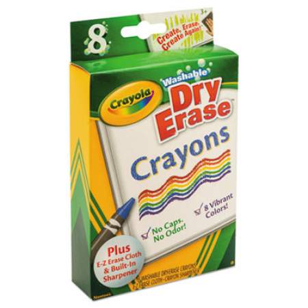 Crayola Washable Dry Erase Crayons w/E-Z Erase Cloth, Assorted Colors, 8/Pack (985200)