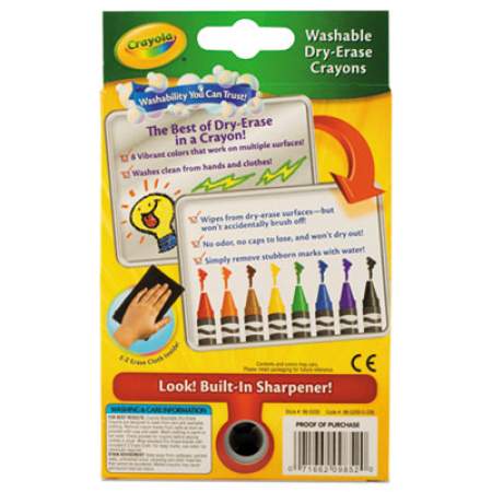 Crayola Washable Dry Erase Crayons w/E-Z Erase Cloth, Assorted Colors, 8/Pack (985200)