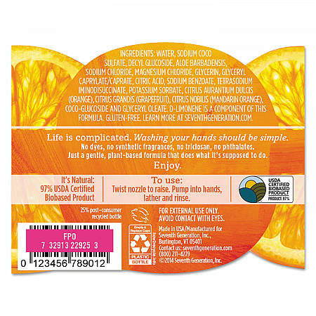 Natural Hand Wash, Mandarin Orange and Grapefruit Scent, 12 oz, 8/Carton (22925CT)