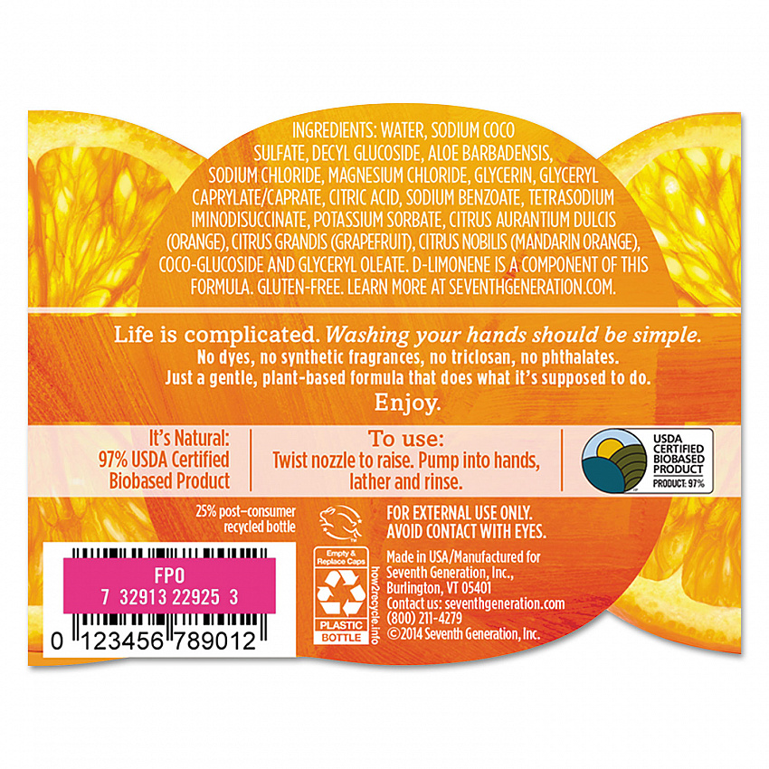 Natural Hand Wash, Mandarin Orange and Grapefruit Scent, 12 oz, 8/Carton (22925CT)