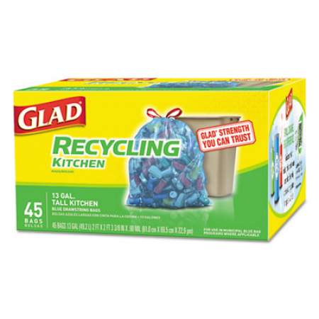Glad Tall Kitchen Blue Recycling Bags, 13 gal, 0.9 mil, 27.38" x 24", Translucent Blue, 45/Box (78542BX)