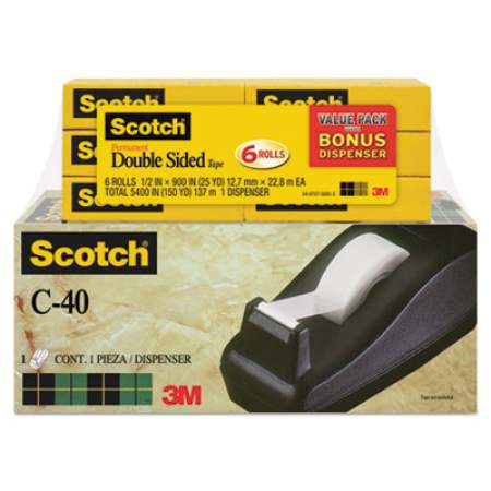 Scotch Double-Sided Tape with Dispenser, 1" Core, 0.5" x 75 ft, Clear, 6/Pack (6656PKC40)