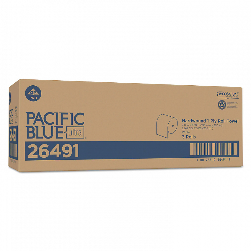 Pacific Blue Ultra Paper Towels, 1-Ply, 7.87" x 1,150 ft, White, 3 Rolls/Carton (26491)