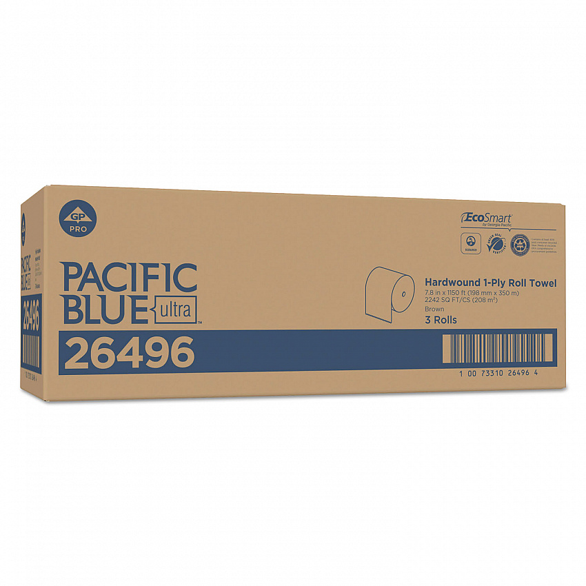 Pacific Blue Ultra Paper Towels, 1-Ply, 7.87" x 1,150 ft, Natural, 3 Rolls/Carton (26496)