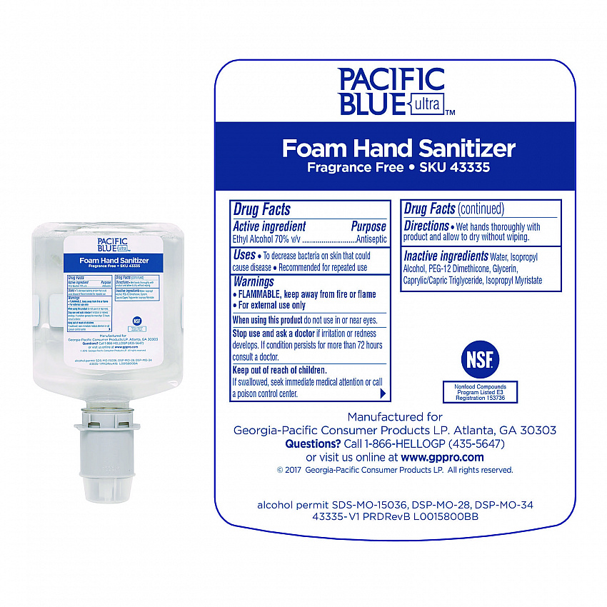Pacific Blue Ultra Foam Hand Sanitizer Refill For Manual Dispensers, 1,000 mL, Fragrance-Free, 4/Carton (43335)