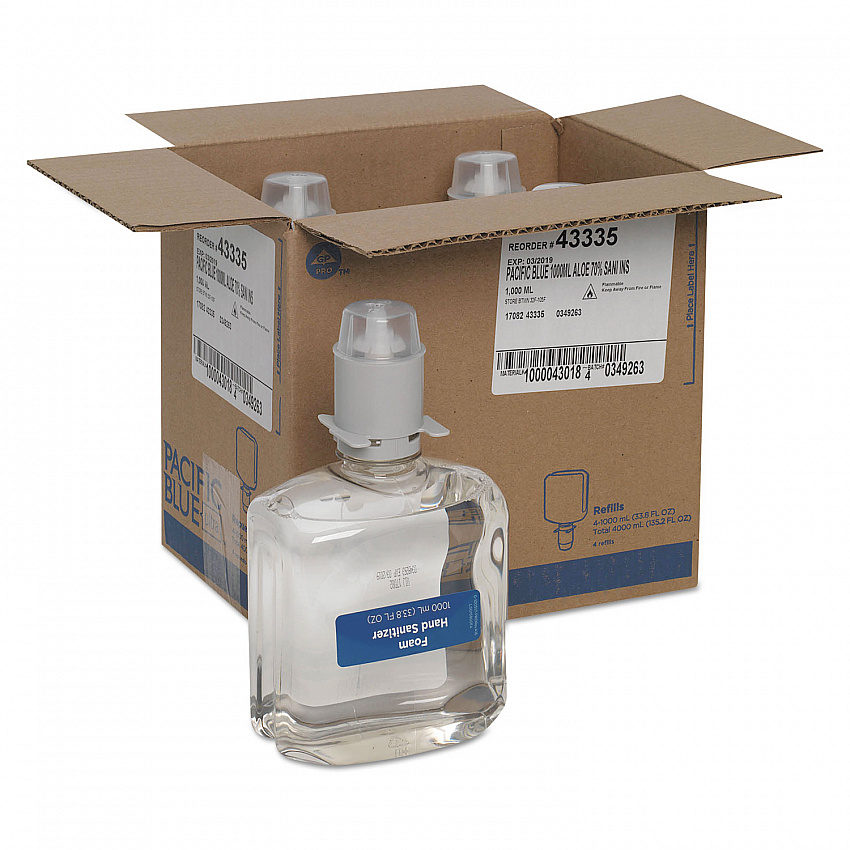Pacific Blue Ultra Foam Hand Sanitizer Refill For Manual Dispensers, 1,000 mL, Fragrance-Free, 4/Carton (43335)