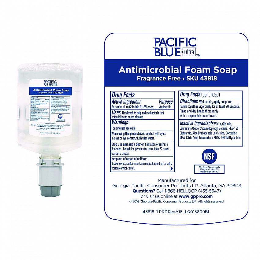 Pacific Blue Ultra Foam Soap Manual Dispenser Refill, Antimicrobial, Unscented, 1,200 mL, 4/Carton (43818)
