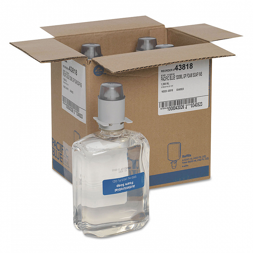 Pacific Blue Ultra Foam Soap Manual Dispenser Refill, Antimicrobial, Unscented, 1,200 mL, 4/Carton (43818)