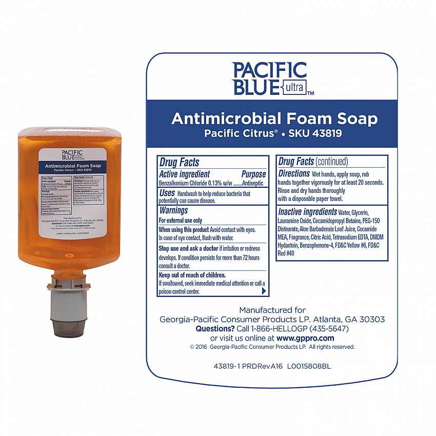 Pacific Blue Ultra Foam Soap Manual Dispenser Refill, Antimicrobial, Pacific Citrus Scent, 1,200 mL, 4/Carton (43819)