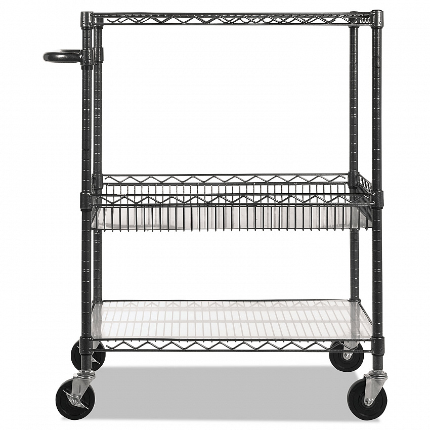 Three-Tier Wire Cart with Basket, Metal, 2 Shelves, 1 Bin, 500 lb Capacity, 34" x 18" x 40", Black Anthracite (SW543018BA)
