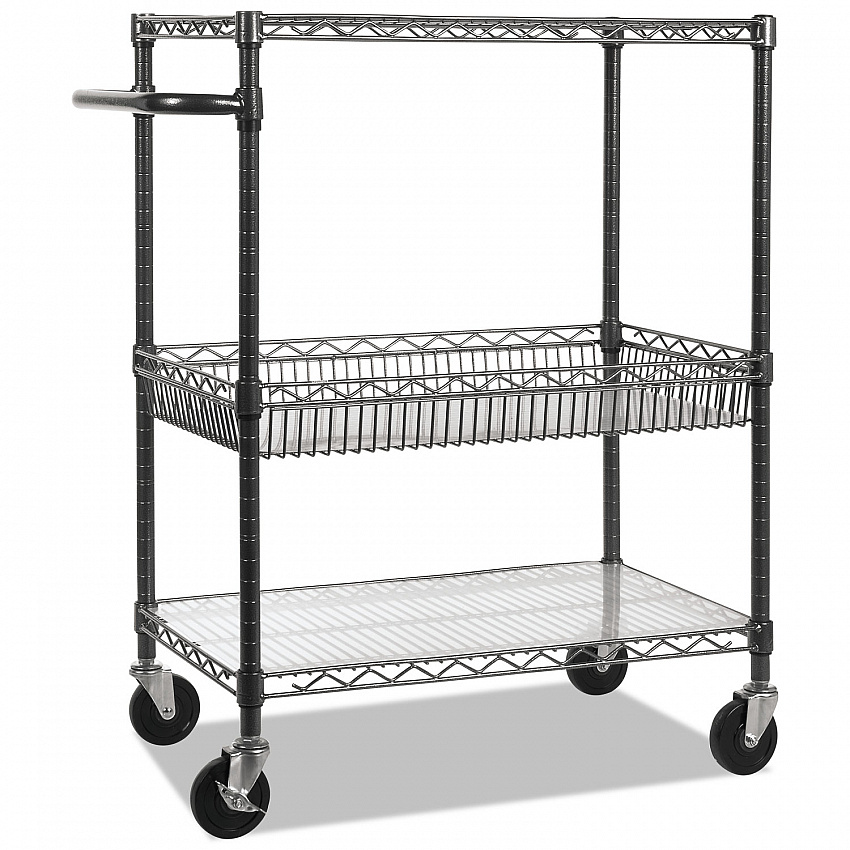 Three-Tier Wire Cart with Basket, Metal, 2 Shelves, 1 Bin, 500 lb Capacity, 34" x 18" x 40", Black Anthracite (SW543018BA)
