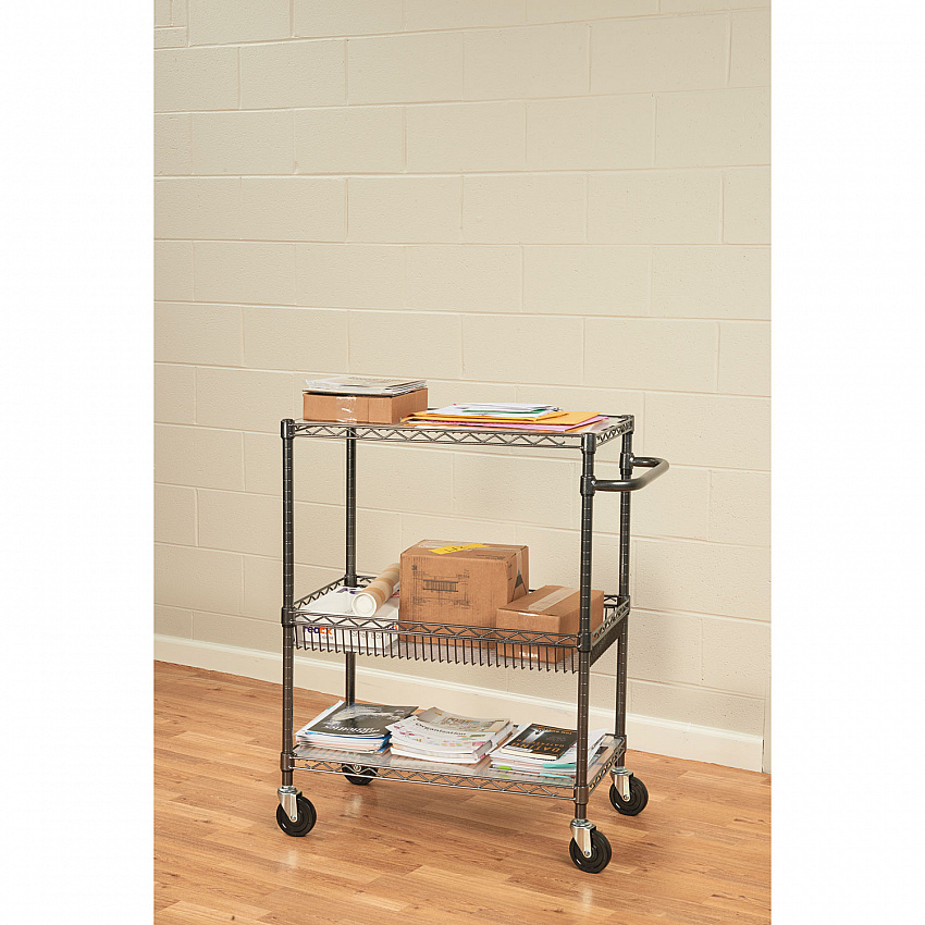 Three-Tier Wire Cart with Basket, Metal, 2 Shelves, 1 Bin, 500 lb Capacity, 34" x 18" x 40", Black Anthracite (SW543018BA)