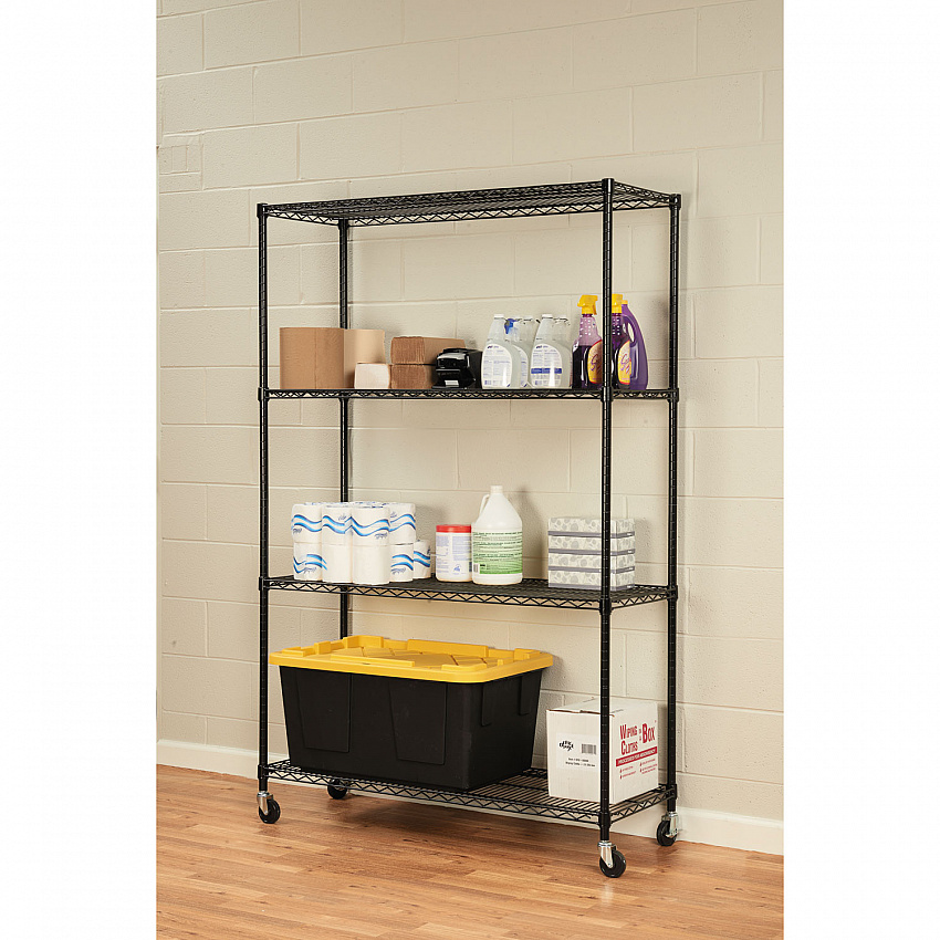 NSF Certified 4-Shelf Wire Shelving Kit with Casters, 48w x 18d x 72h, Black (SW604818BL)
