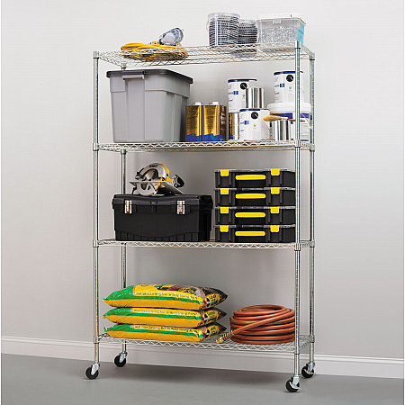 NSF Certified 4-Shelf Wire Shelving Kit with Casters, 48w x 18d x 72h, Silver (SW604818SR)