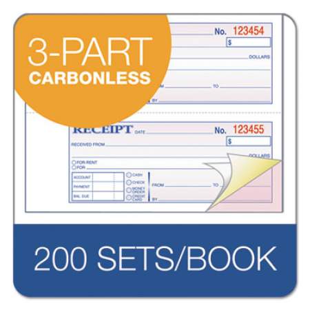 Adams TOPS 3-Part Hardbound Receipt Book, Three-Part Carbonless, 7 x 2.75, 4/Page, 200 Forms (TCH1185)