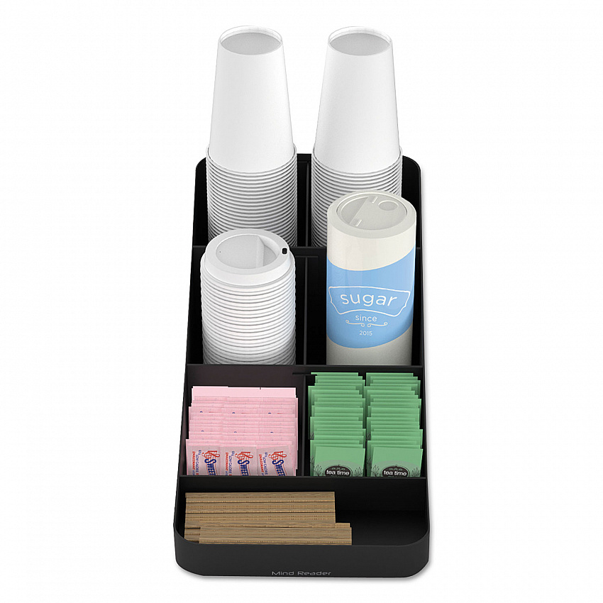 Trove Seven-Compartment Coffee Condiment Organizer, 7.75 x 16 x 5.25, Black (COMP7BLK)