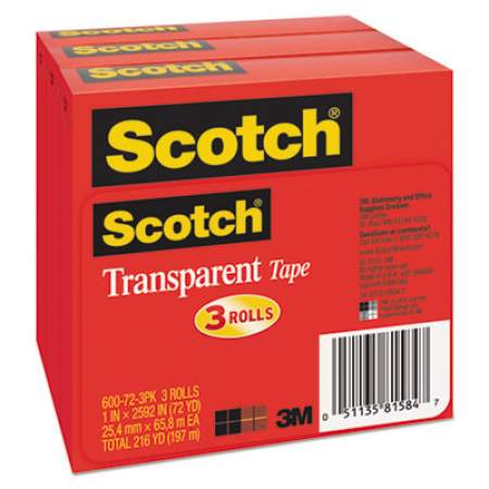 Scotch Transparent Tape, 3" Core, 1" x 72 yds, Transparent, 3/Pack (600723PK)