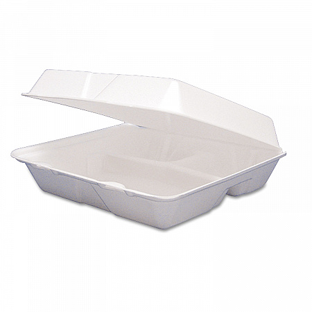 Foam Hinged Lid Containers, 3 Compartments, 9.25 x 9.5 x 3, White, 100/Sleeve, 2 Sleeves/Carton (95HT3R)