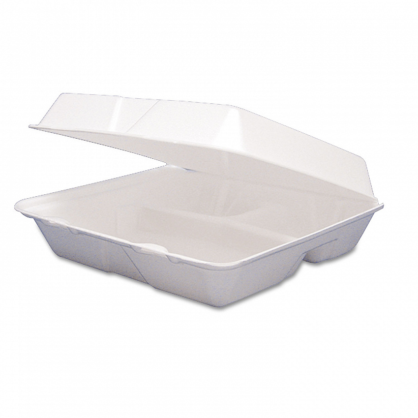 Foam Hinged Lid Containers, 3 Compartments, 9.25 x 9.5 x 3, White, 100/Sleeve, 2 Sleeves/Carton (95HT3R)