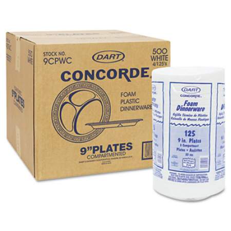 Dart Concorde Foam Plate, 3-Compartment, 9" dia, White, 125/Pack, 4 Packs/Carton (9CPWCR)
