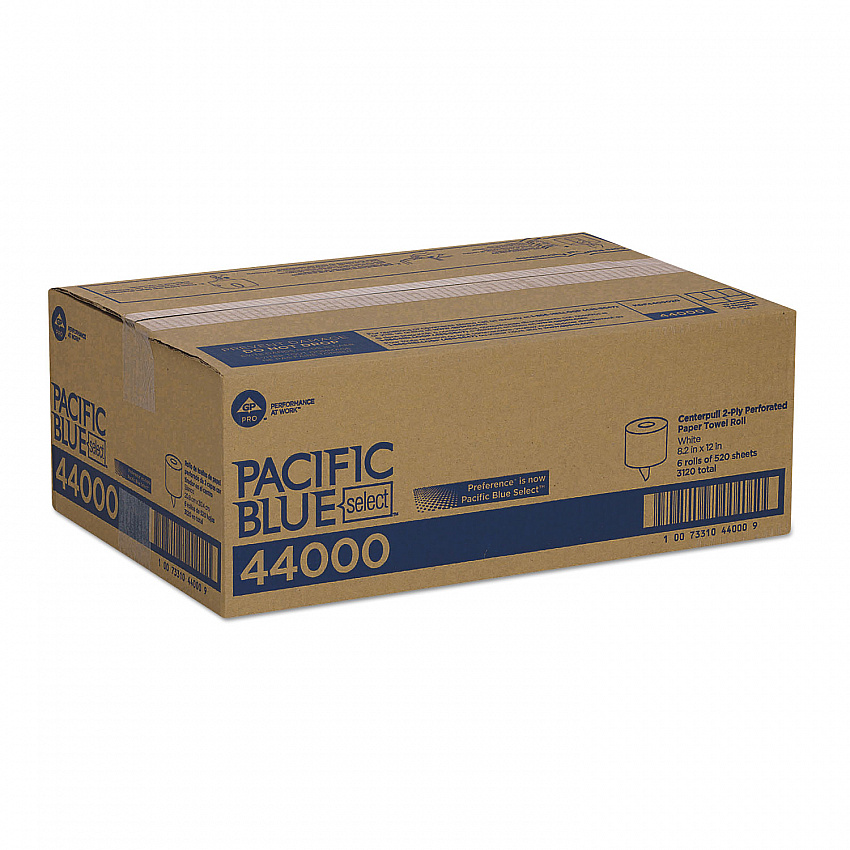 Pacific Blue Select 2-Ply Center-Pull Perf Wipers, 2-Ply, 8.25 x 12, White, 520/Roll, 6 Rolls/Carton (44000)