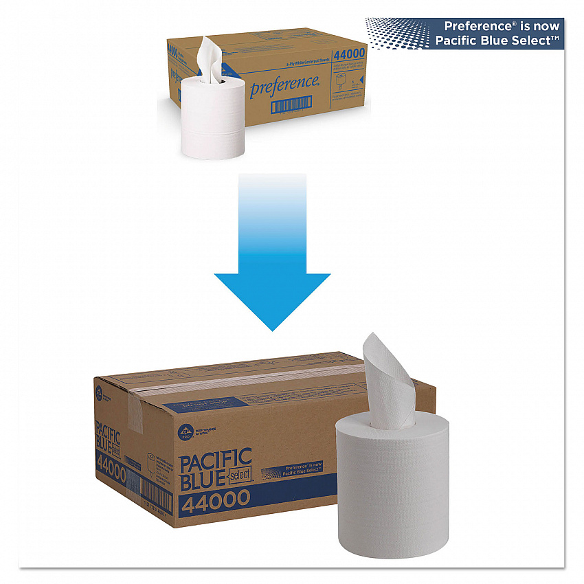 Pacific Blue Select 2-Ply Center-Pull Perf Wipers, 2-Ply, 8.25 x 12, White, 520/Roll, 6 Rolls/Carton (44000)