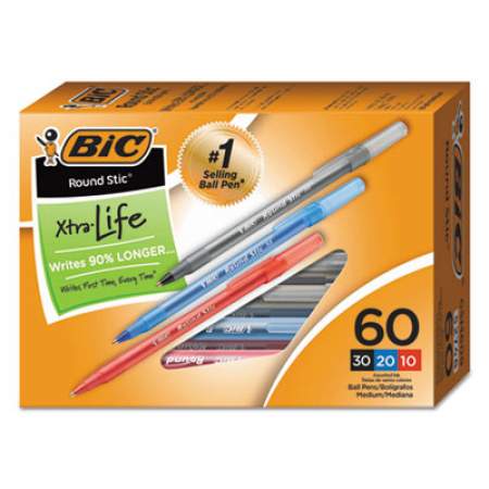 BIC Round Stic Xtra Precision Ballpoint Pen Value Pack, Stick, Medium 1 mm, Assorted Ink and Barrel Colors, 60/Pack (GSM609AST)