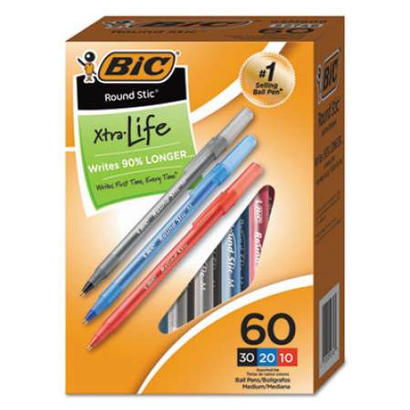 BIC Round Stic Xtra Precision Ballpoint Pen Value Pack, Stick, Medium 1 mm, Assorted Ink and Barrel Colors, 60/Pack (GSM609AST)