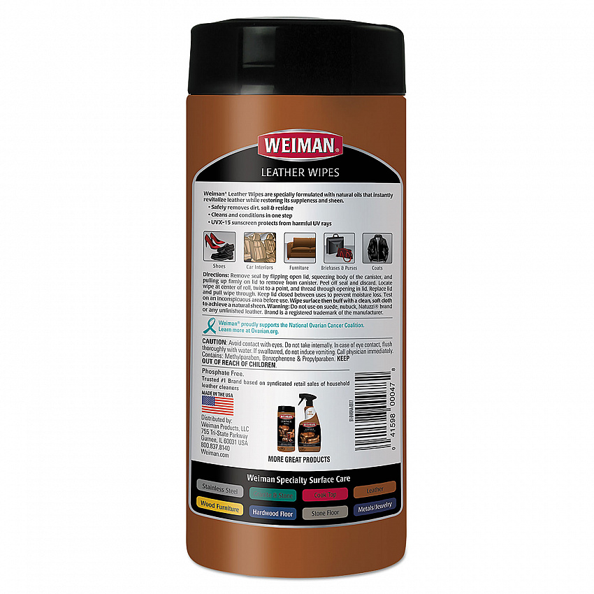 Leather Wipes, 1-Ply, 7 x 8, White, 30/Canister (91)