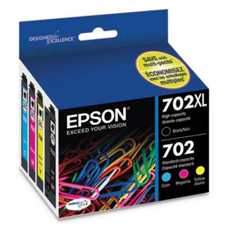 Epson T702XL-BCS (702XL) DURABrite Ultra High-Yield Ink, 950/1,100 Page-Yield, Black/Cyan/Magenta/Yellow
