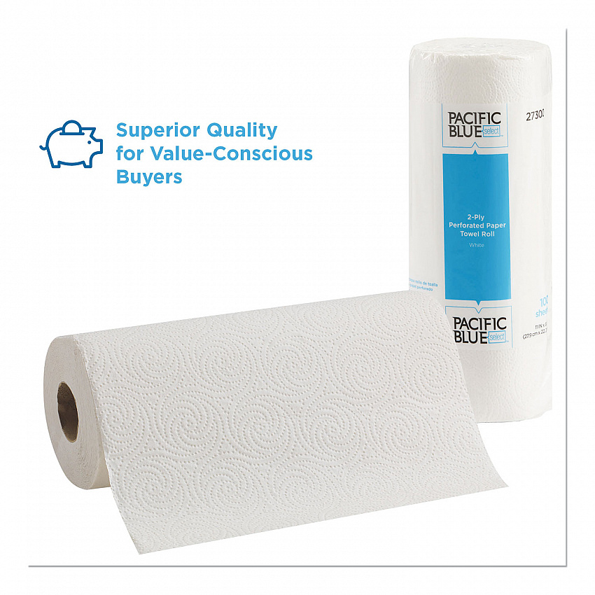 Pacific Blue Select Two-Ply Perforated Paper Kitchen Roll Towels, 2-Ply, 11 x 8.88, White, 100/Roll (27300RL)