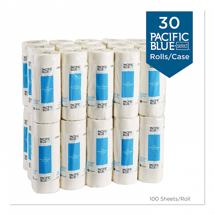 Pacific Blue Select Two-Ply Perforated Paper Kitchen Roll Towels, 2-Ply, 11 x 8.8, White, 100/Roll, 30 Rolls/Carton (27300)
